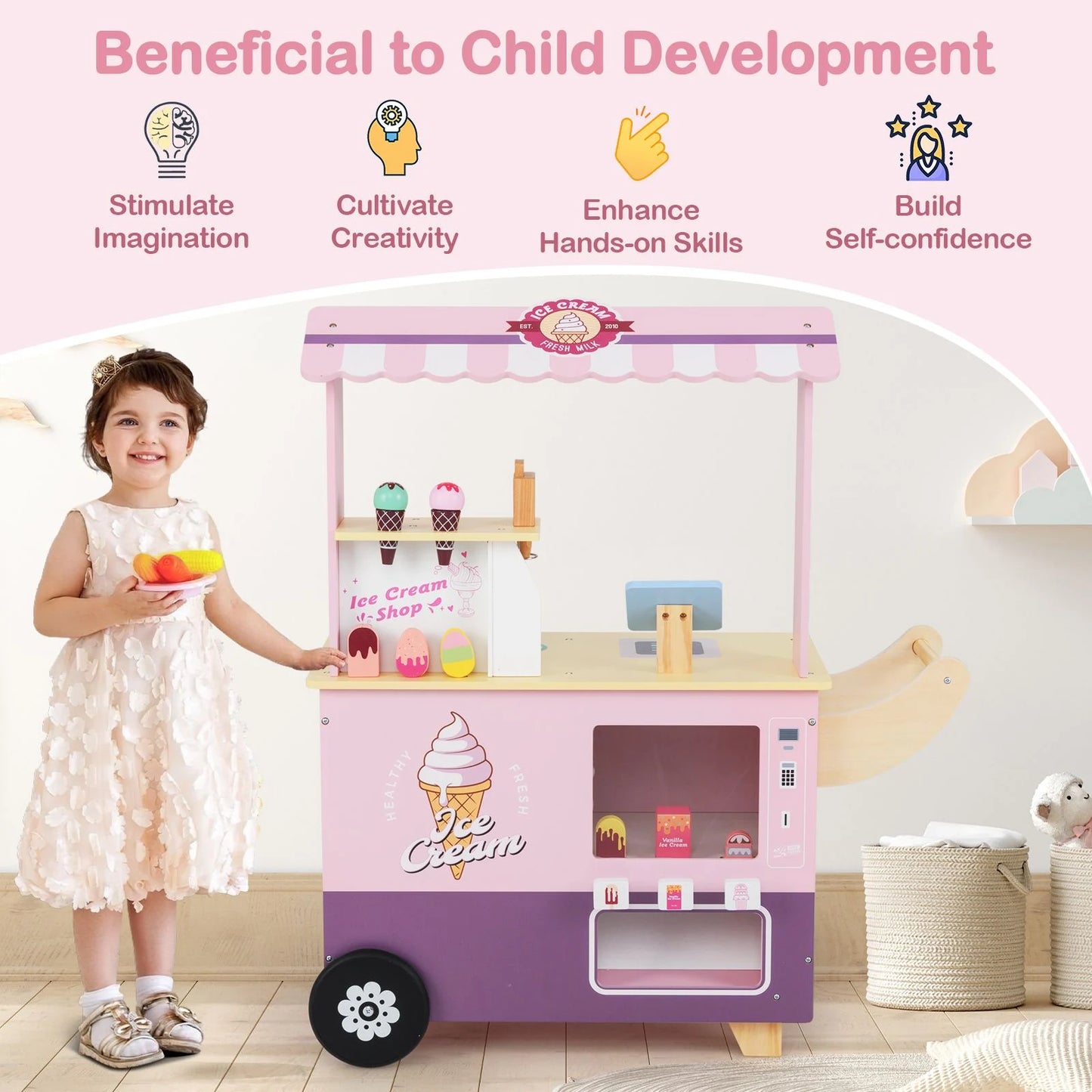 Wooden Kids Ice Cream Cart Pretend Play Set | Toddler Ice Cream Truck with Vending Machine & Accessories | Montessori Role Play Toy Ages 3+
