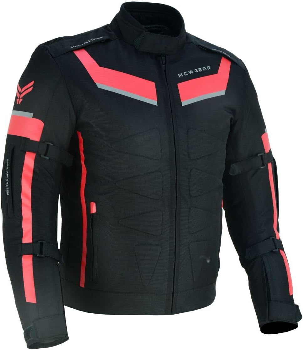 MCW Gear Cordura Textile Motorcycle Jacket | CE Level 2 Armoured, Water-Resistant Touring Jacket with Ventilation & Stretch Panels – Red & Black