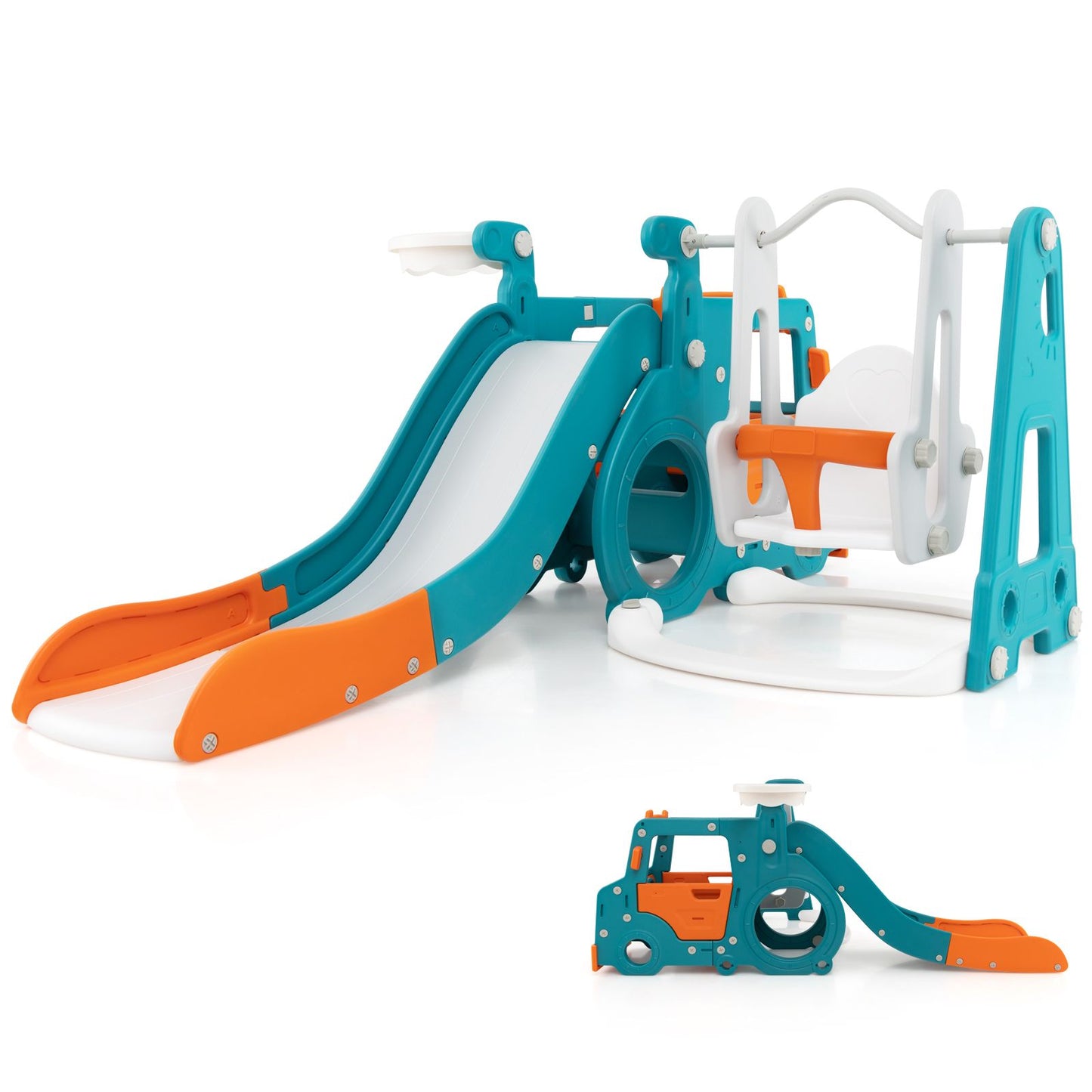 5-in-1 Kids Slide & Swing Playset with Basketball Hoop, Mini Bus Tunnel & Foldable Slide | Indoor & Outdoor Toddler Activity Center