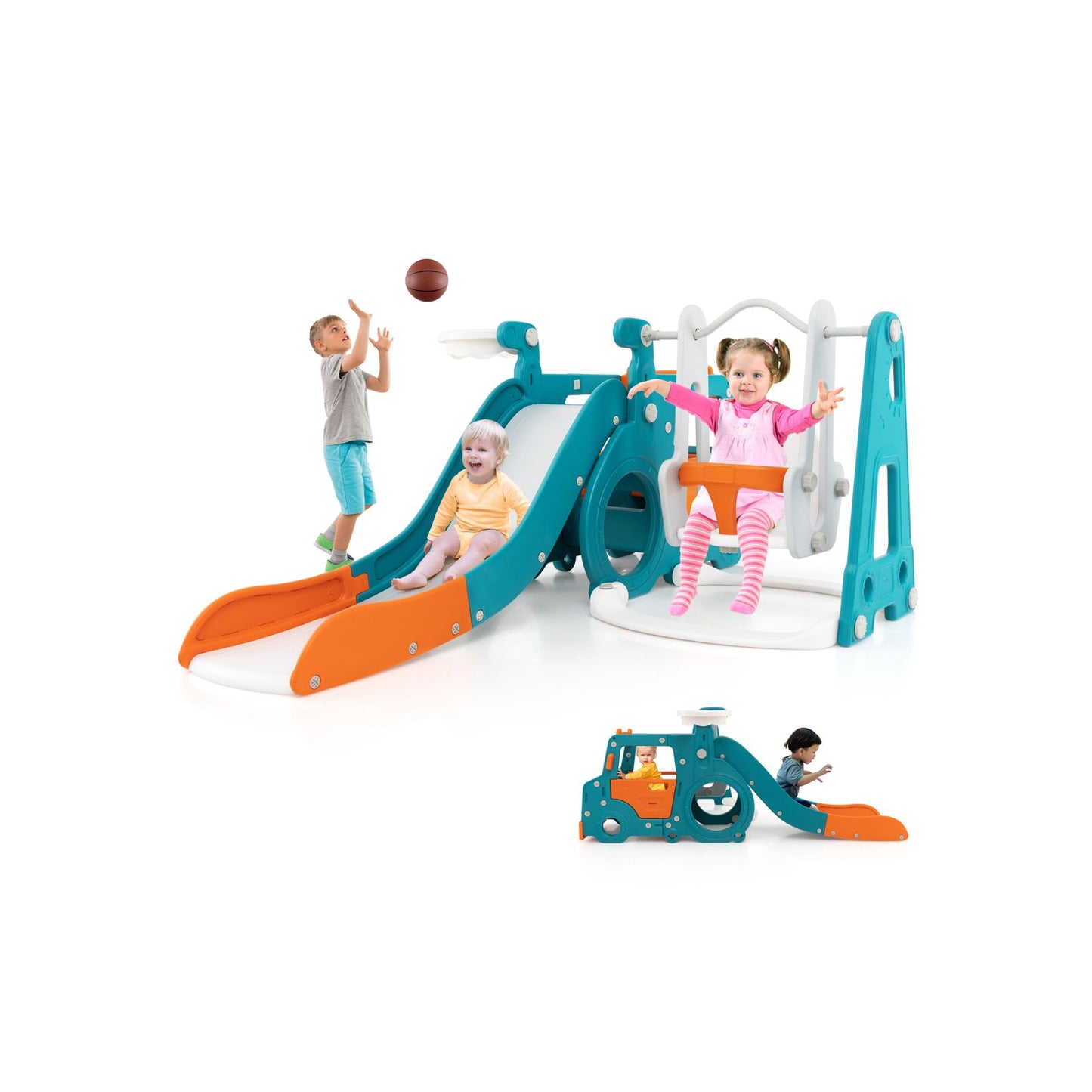 5-in-1 Kids Slide & Swing Playset with Basketball Hoop, Mini Bus Tunnel & Foldable Slide | Indoor & Outdoor Toddler Activity Center