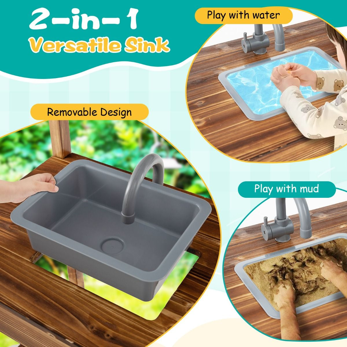 Outdoor Wooden Mud Kitchen with Canopy & Rotatable Faucet | Kids Play Kitchen with Sink, Chalkboard & Accessories