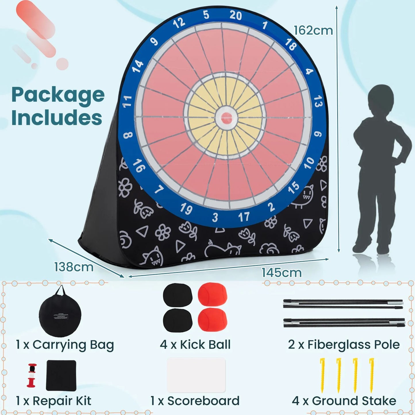 Large Portable Dart Board for Children with 4 Kick Balls - Foldable Design