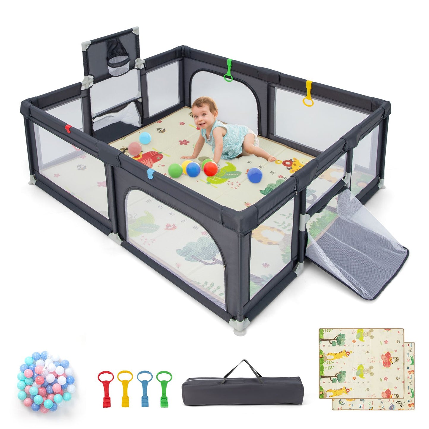 Large Baby Playpen with Safety Mat, Basketball Hoop & 50 Ocean Balls | Indoor & Outdoor Activity Centre
