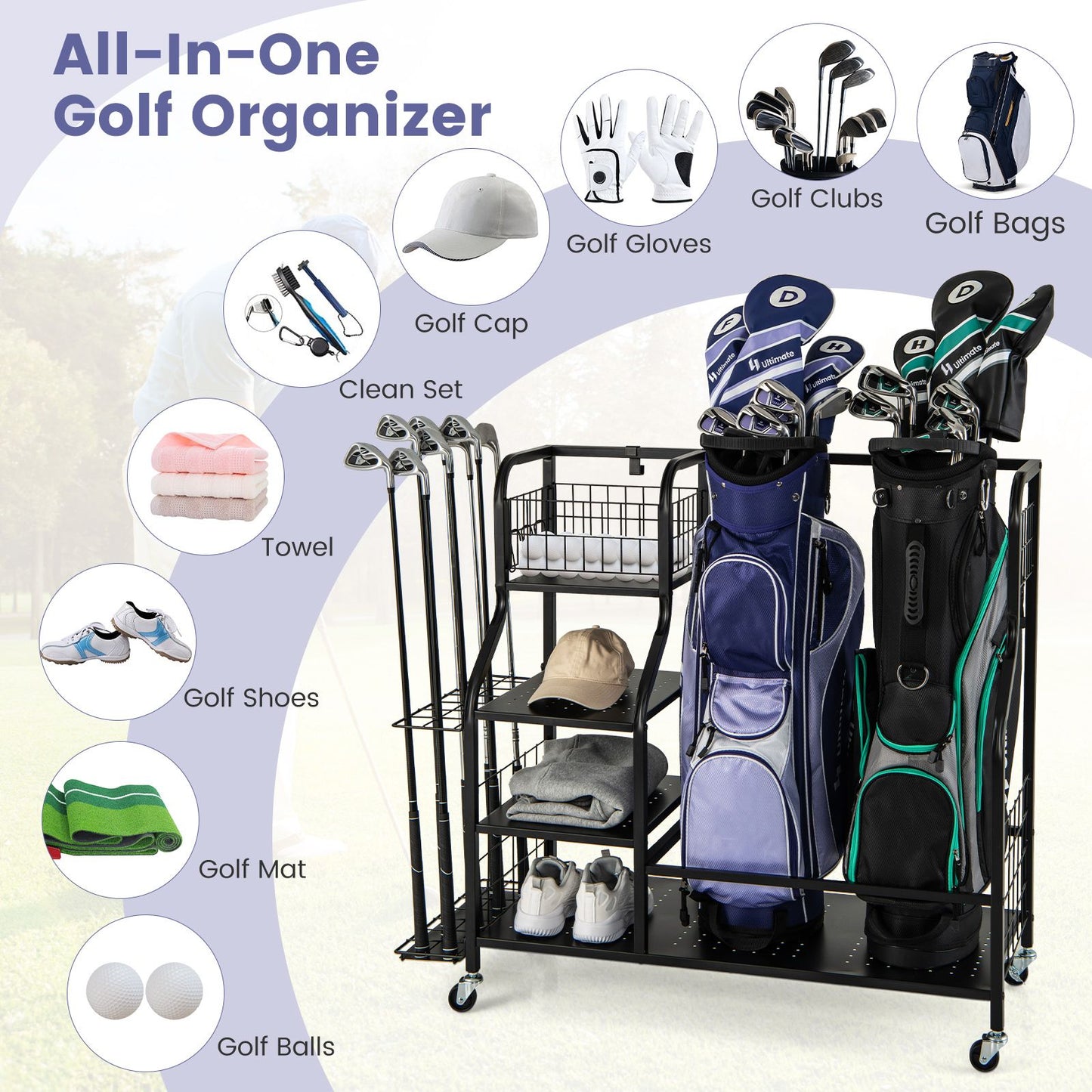 5-in-1 Golf Bag Storage Organizer with Integrated Storage Basket