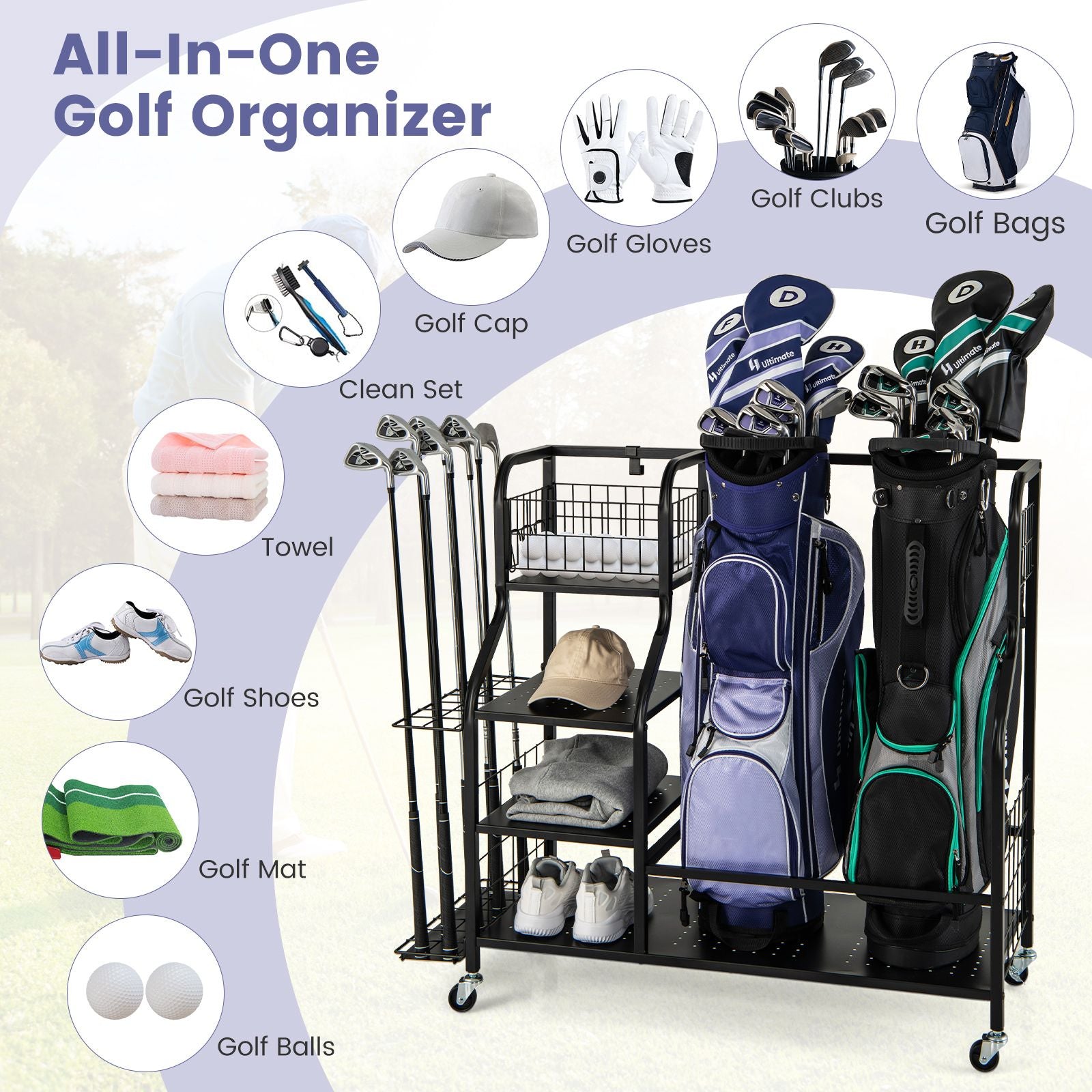 5-in-1 Golf Bag Storage Organizer with Integrated Storage Basket