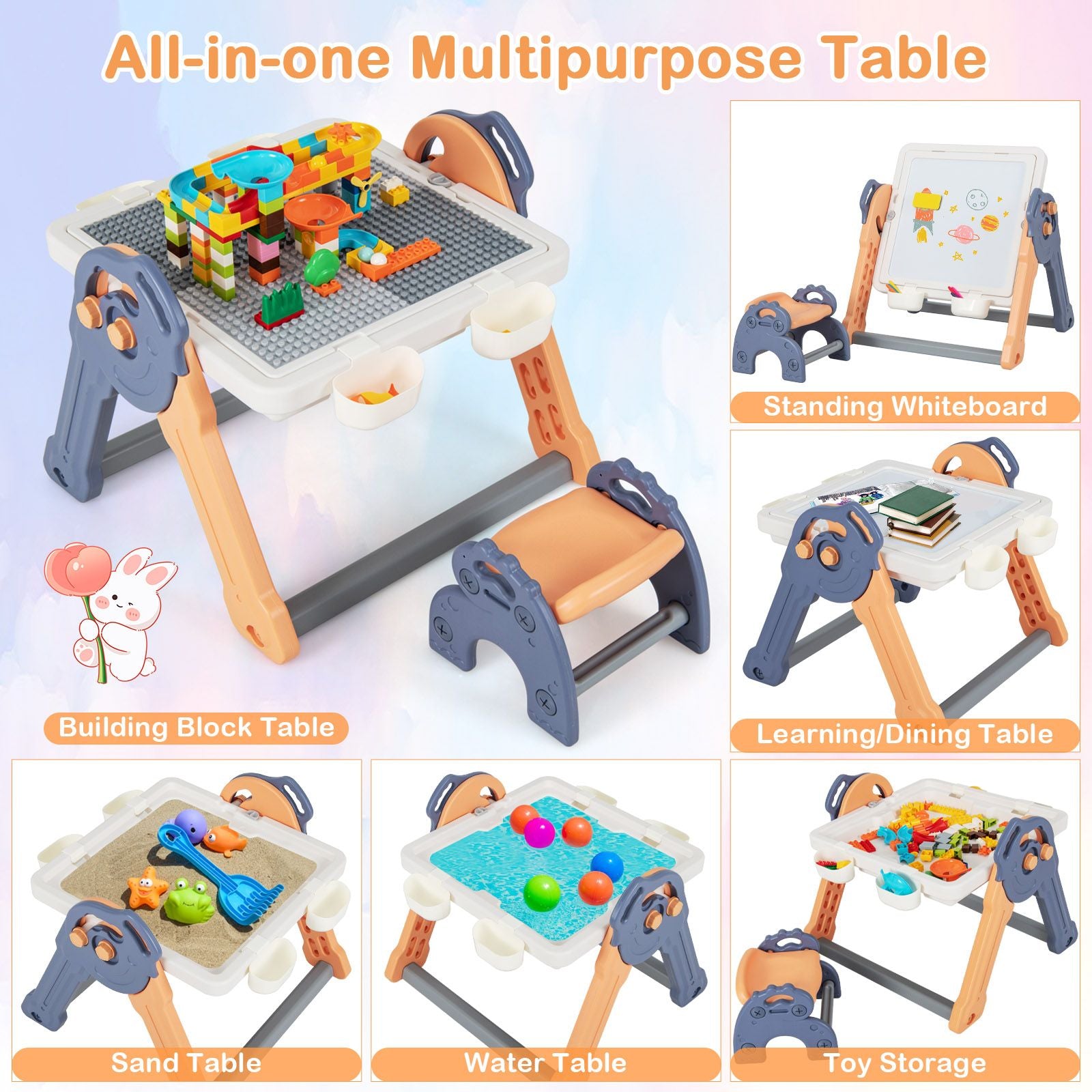 6-in-1 Multi-Activity Kids Play Table & Chair Set – Foldable Art Easel, Building Block Desk & Learning Station