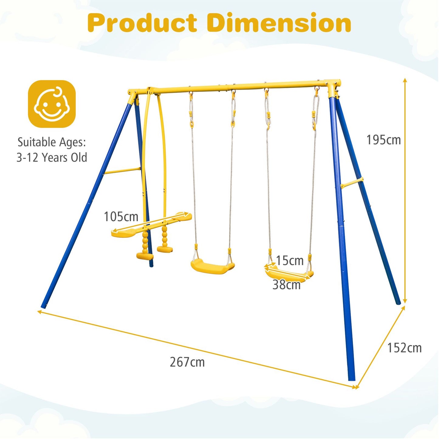 Heavy-Duty Kids Outdoor Swing & Glider Playset – 4-Seat Metal Frame Swing Set for Children Aged 3–12 | Adjustable Swings, Double Glider, Ground Stakes Included