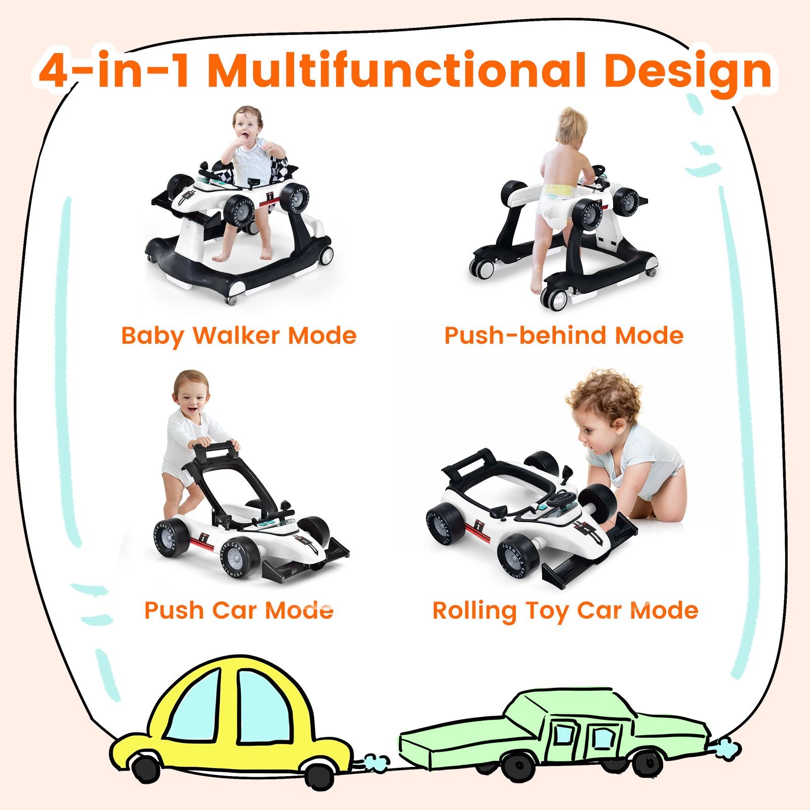 4-in-1 Adjustable Height and Speed Baby Push Walker