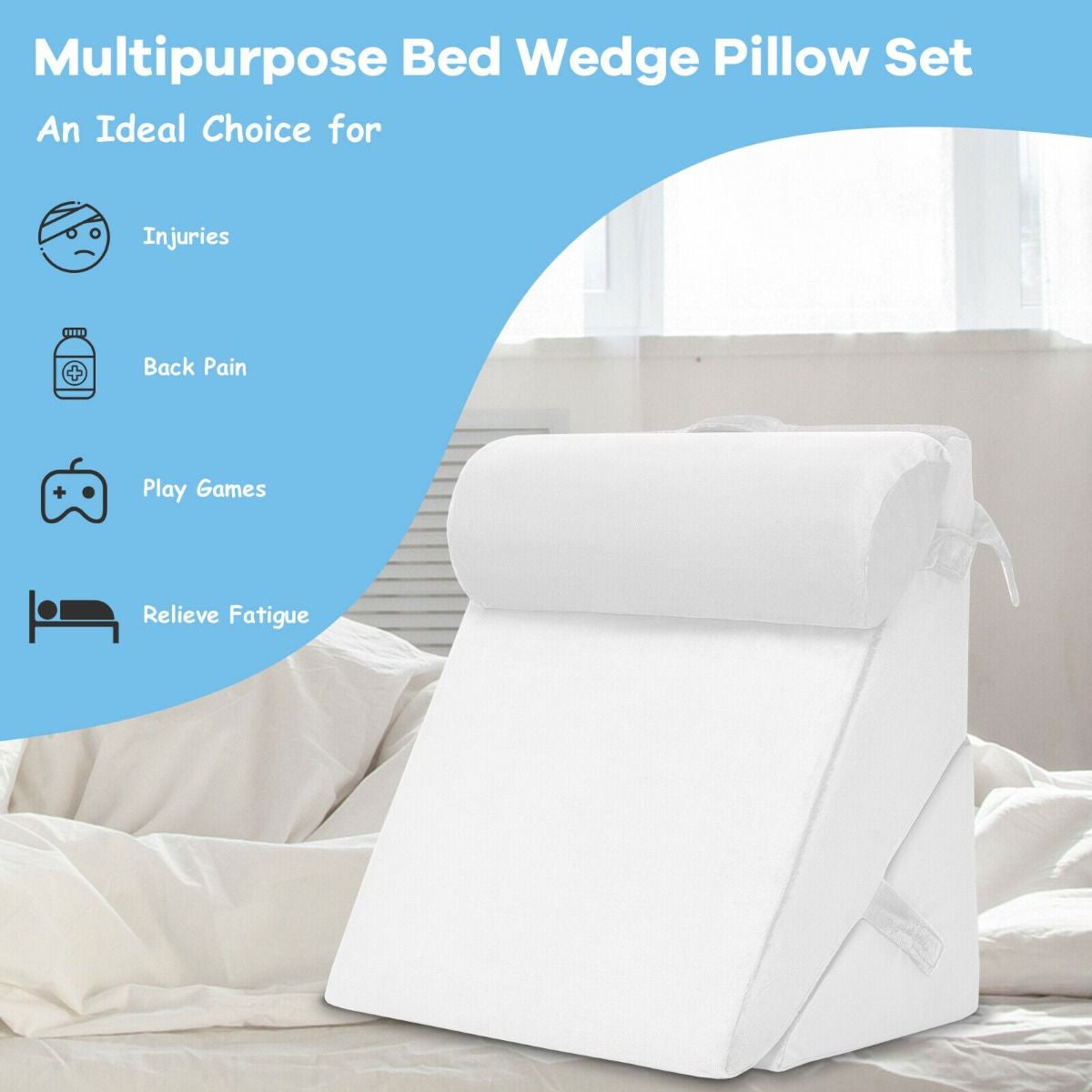 Elevated Bed Wedge Pillow with Integrated Headrest and Removable Washable Cover for Comfortable Reading