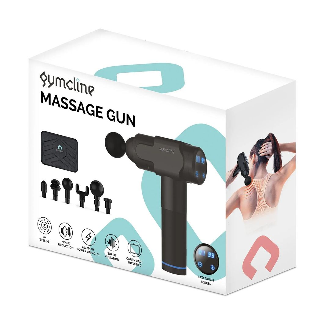 Gymcline Massage Gun with 6 Heads, 20 Speed Modes, LCD Touch Screen & 2500mAh Battery – Grey