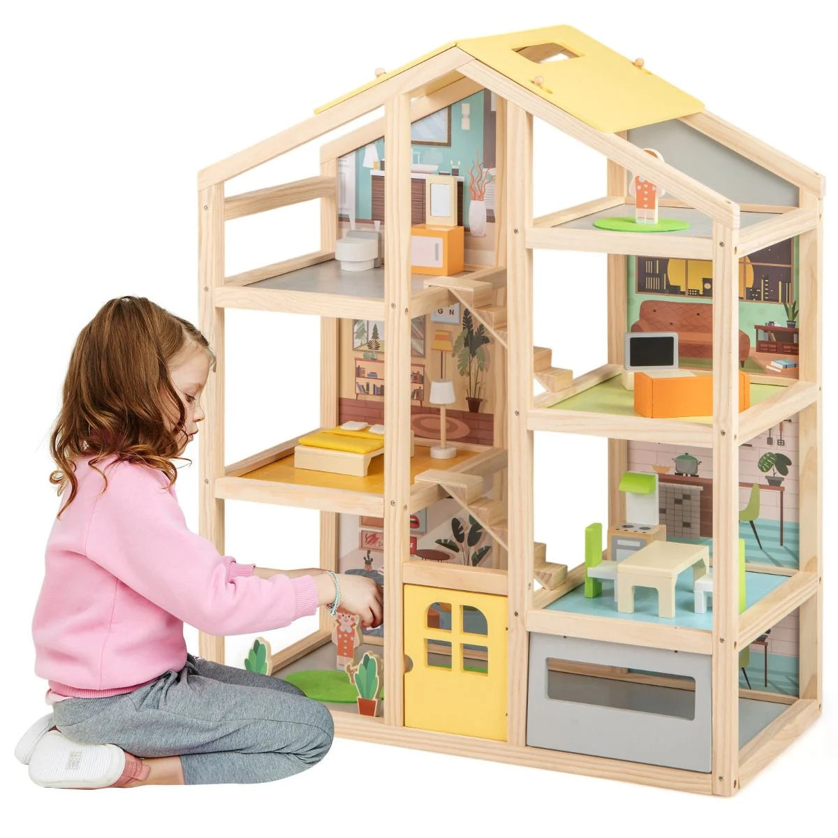 Kids Wooden Dollhouse with 7 Rooms, Figures & 18 Furniture Pieces | Pretend Play Toy for Ages 3+