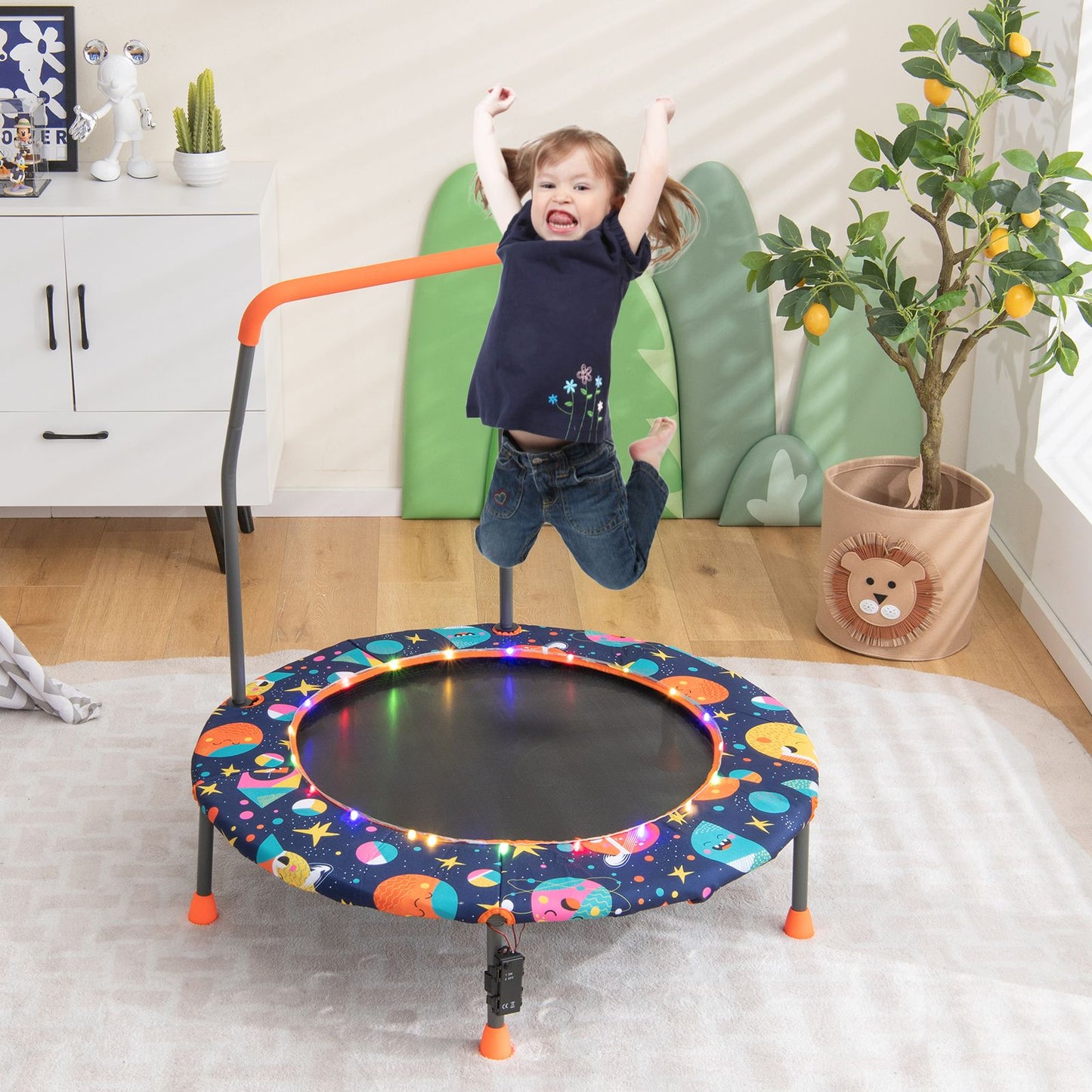 Children's Mini Trampoline with LED Lights and Safety Handle