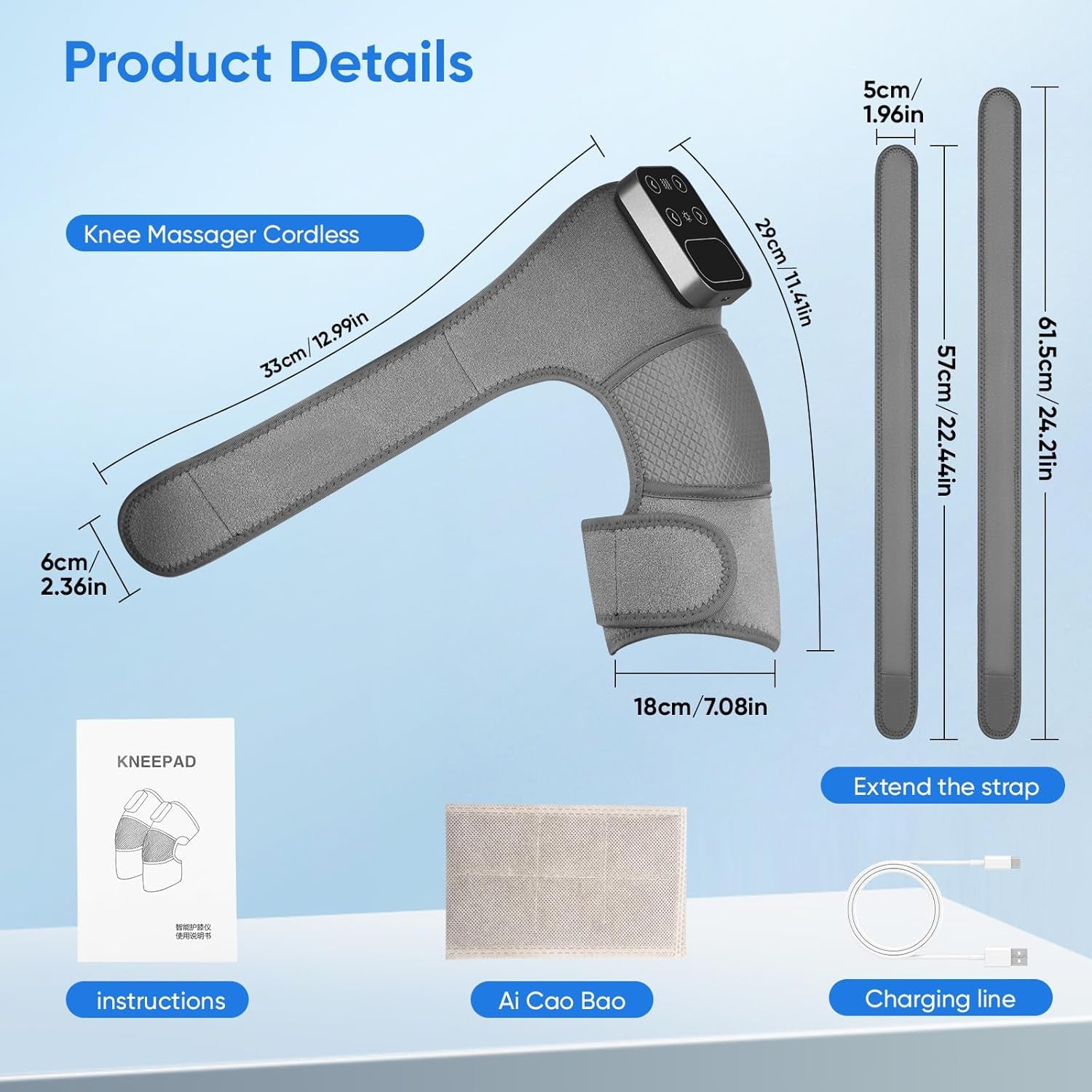 Cordless Heated Knee Massager with Vibration – Rechargeable 3-in-1 Knee, Shoulder & Elbow Wrap | 5 Heat Levels, 3 Vibration Modes, Adjustable Straps for Joint Pain, Muscle Strain & Arthritis Relief – Grey