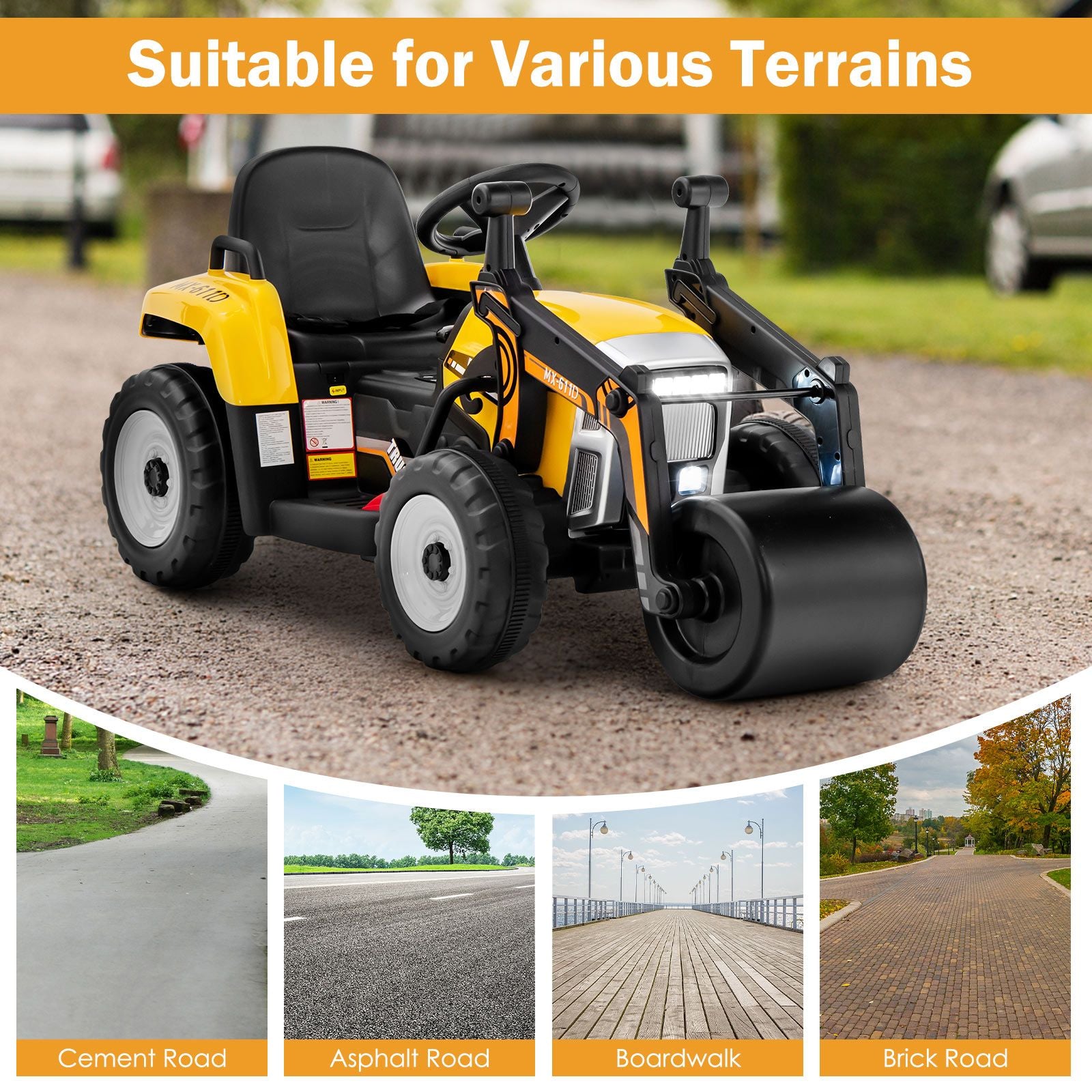 12V Kids Ride-On Road Roller with Remote Control | Battery Powered Construction Vehicle with Music, Lights & Safety Belt