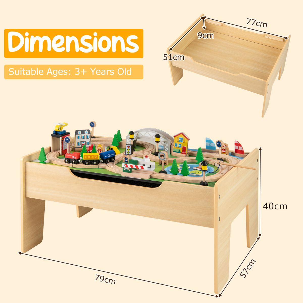 Wooden Train Table 78 Pieces Kids Activity Railway Playset