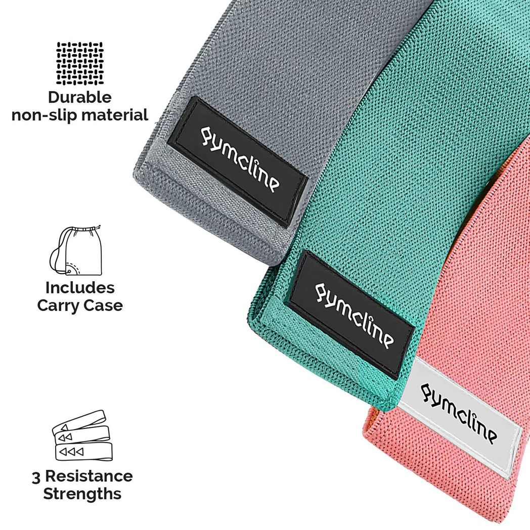 Gymcline Resistance Bands Set (3 Pack) – Non-Slip Fabric Bands with 3 Resistance Levels + Storage Bag