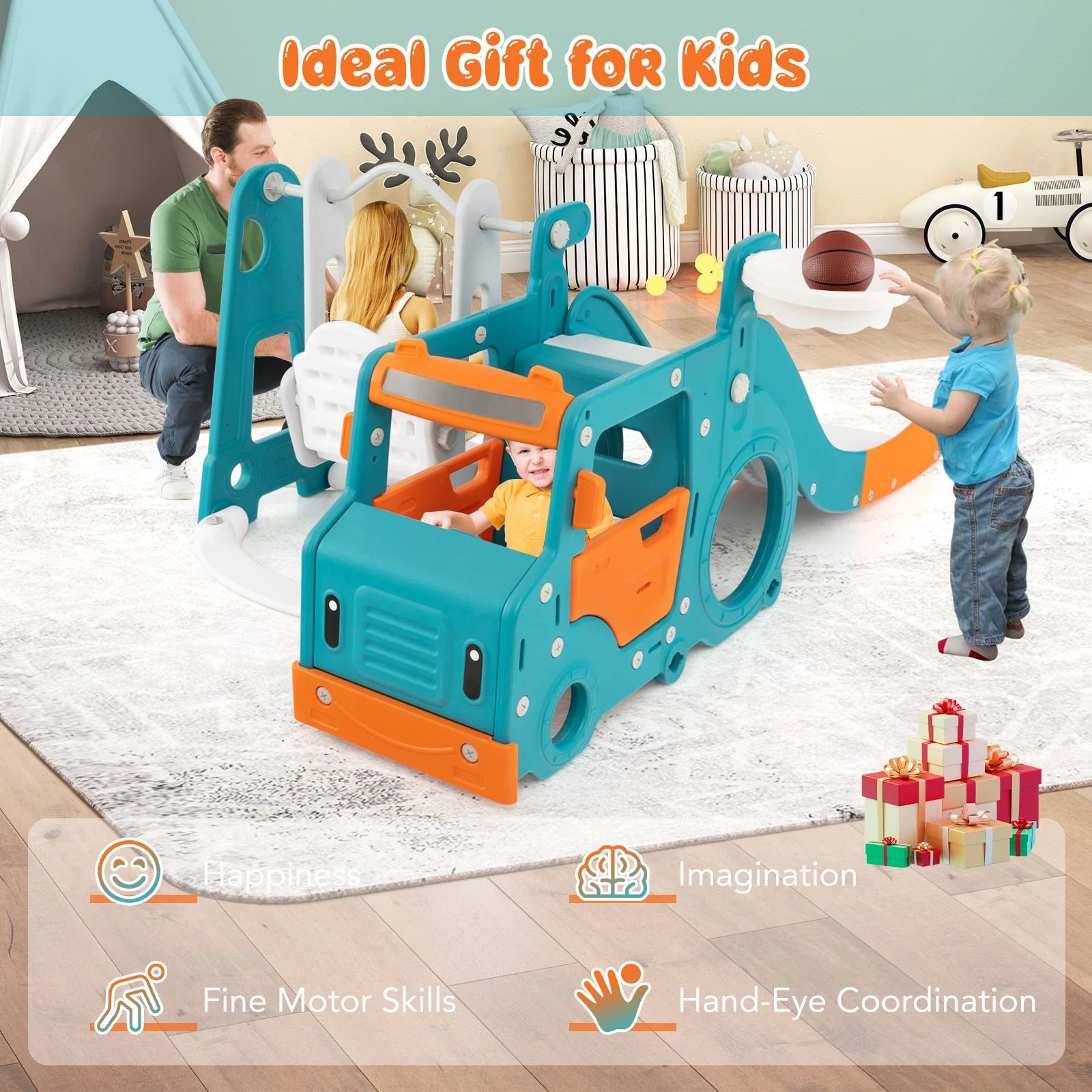 5-in-1 Kids Slide & Swing Playset with Basketball Hoop, Mini Bus Tunnel & Foldable Slide | Indoor & Outdoor Toddler Activity Center