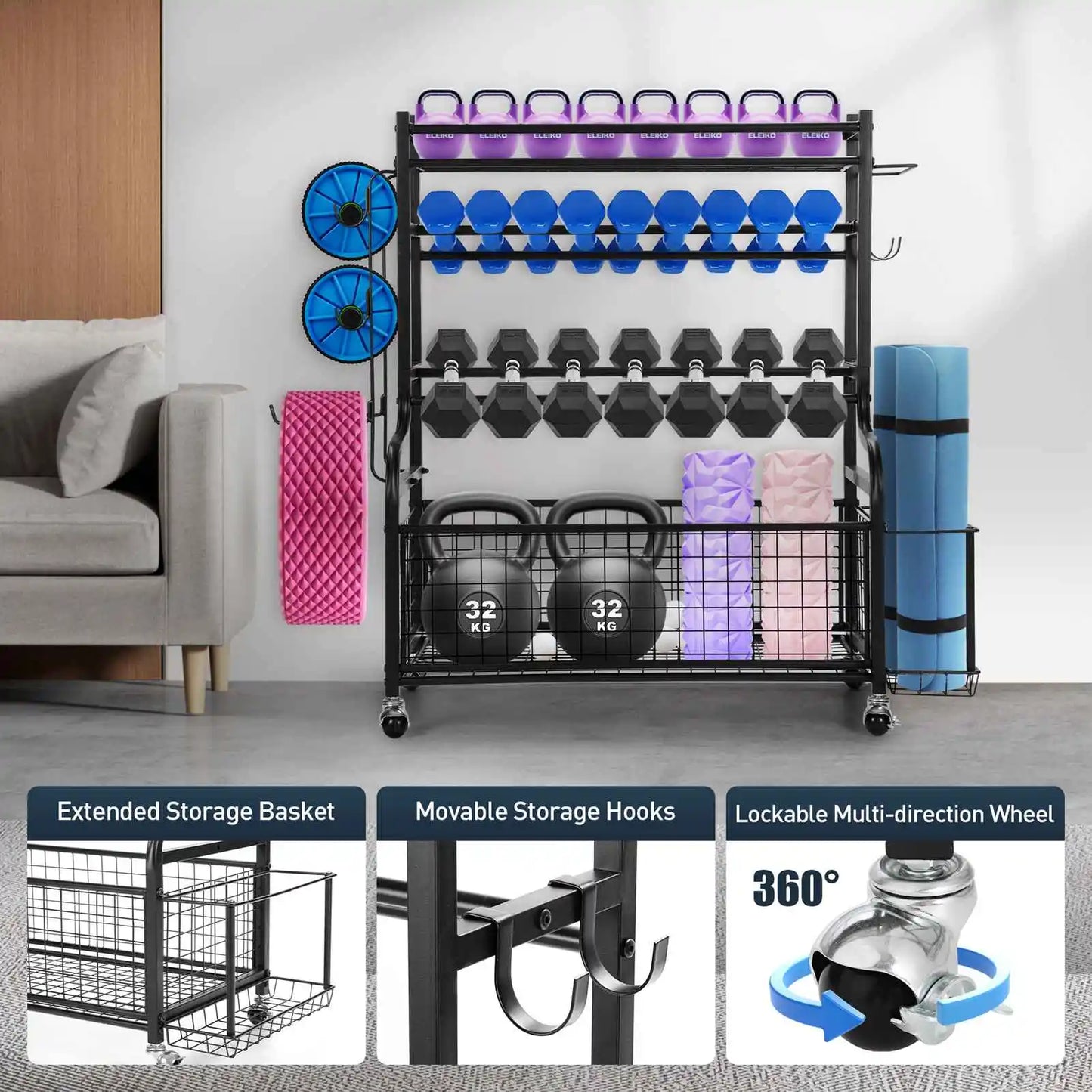 New Dumbbell Storage Rack Weight Rack Gym Accessories with Caster Wheels Home Gym Storage Organizer for Fitness Equipment