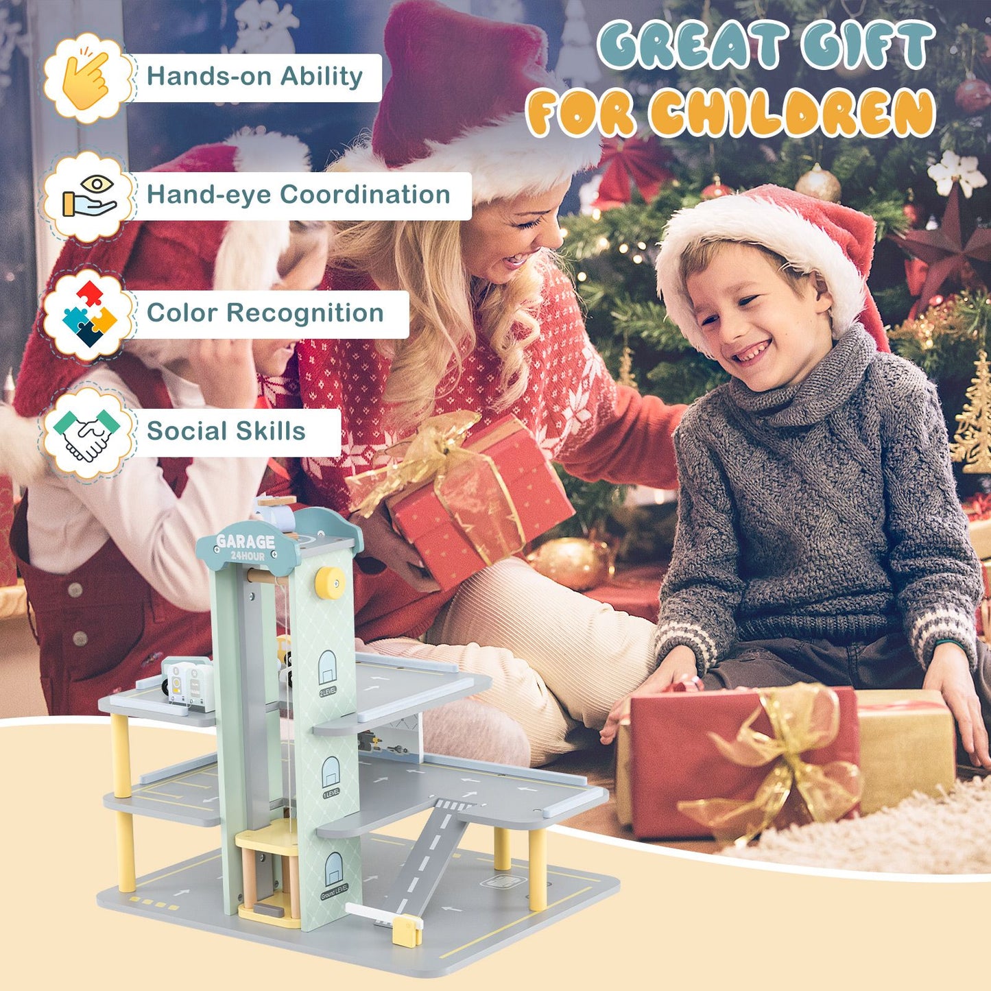 3-Layer Wooden Toy Garage Playset with 4 Cars & Helicopter | Kids Parking Garage with Elevator, Car Wash & Gas Station