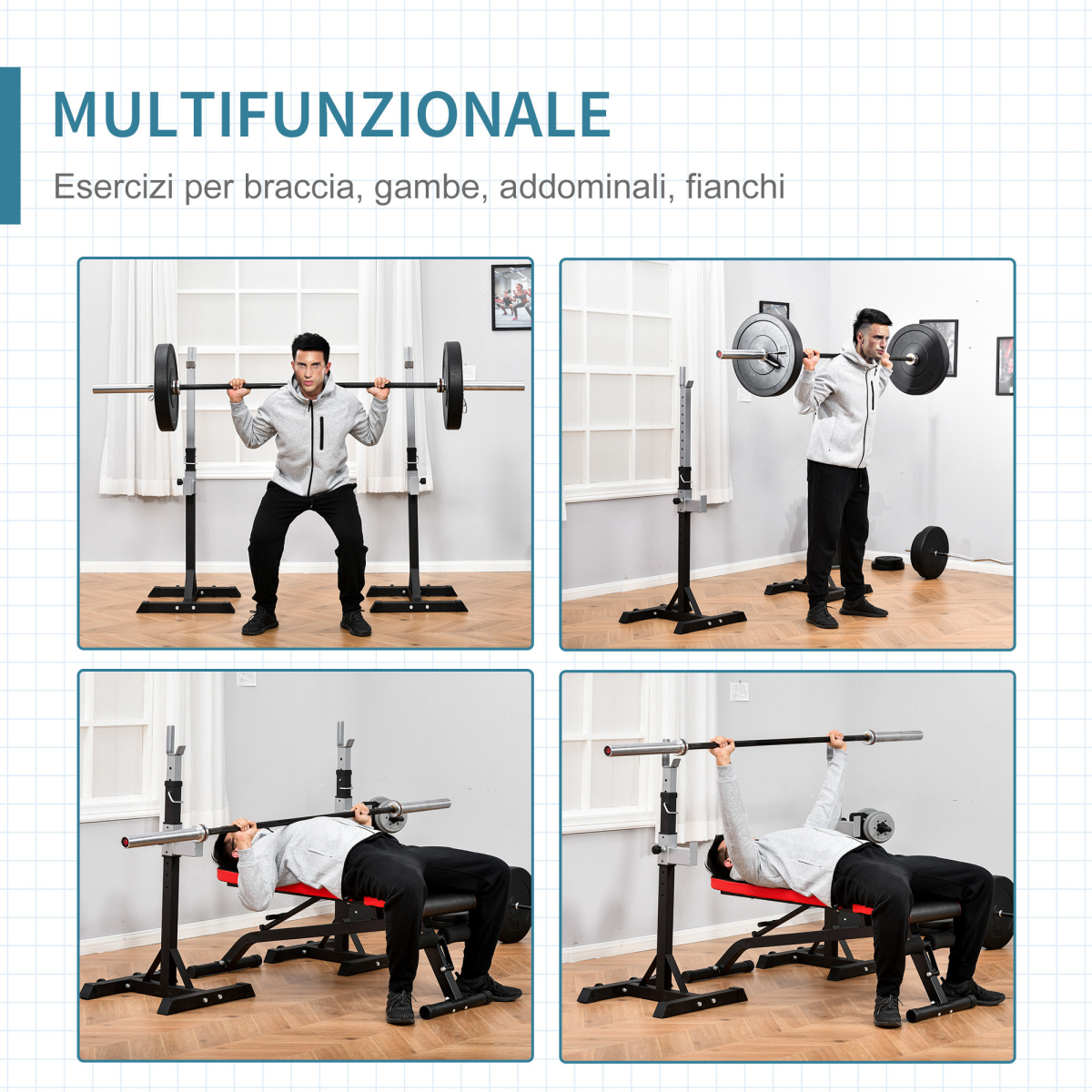 Adjustable Barbell Squat Rack – Portable Weight Lifting Stand with Bench Support & Wheels (2 Pairs, 150kg Capacity) - All Round Fitness