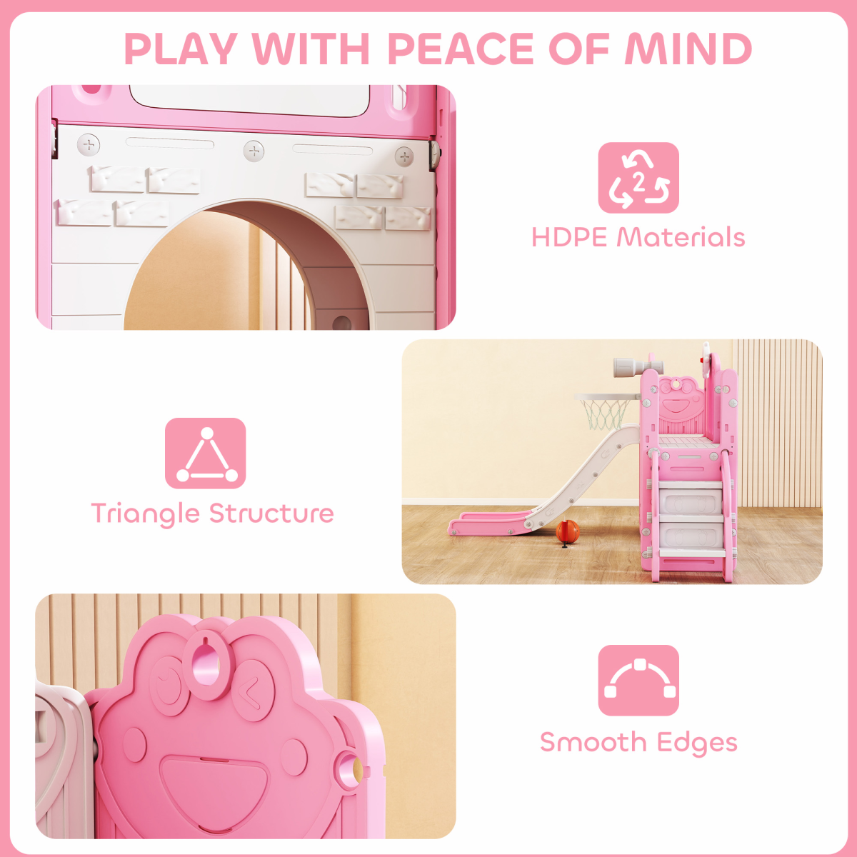 AIYAPLAY 7-in-1 Toddler Slide & Playset with Basketball Hoop, Drawing Board & Tunnel – Pink Frog Theme