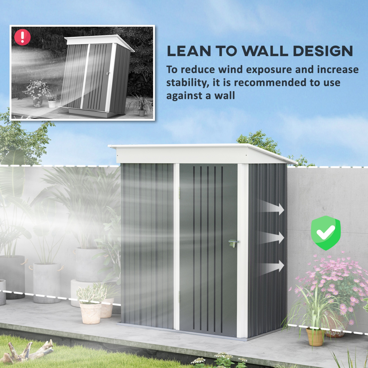 Small Garden Shed – Dark Grey Steel Lean-to Bike Storage with Adjustable Shelf & Lock, 5x3 - All Round Fitness