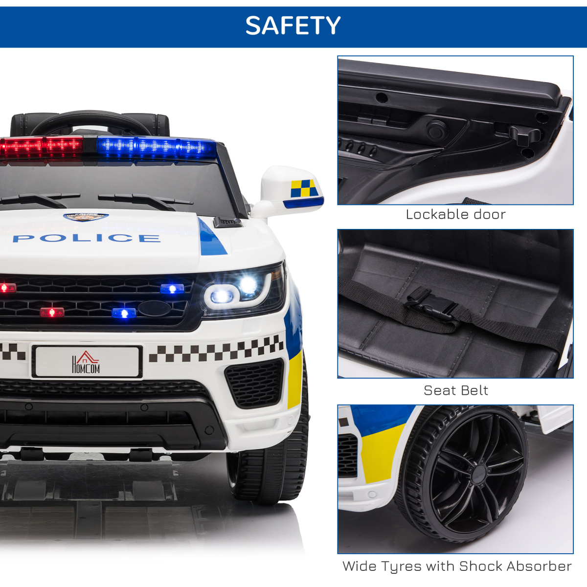 12V Kids Electric Ride-On Police Car with Remote, Siren & Bluetooth – Ages 3-6