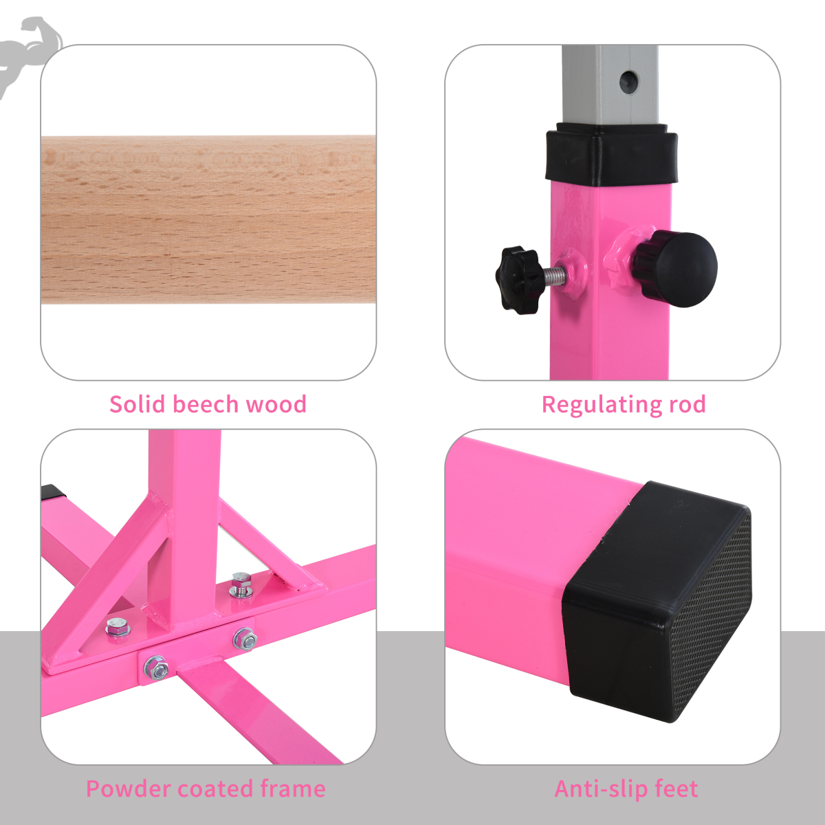 Adjustable Kids Gymnastics Bar – Horizontal Training Bar with Steel Frame & Beech Wood Top, 13 Height Levels (95–145cm), Stable ‘T’ Base – Pink - All Round Fitness