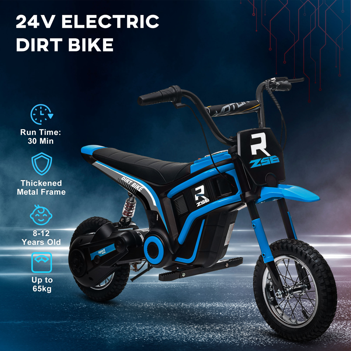 Kids 24V Electric Dirt Bike with Twist Throttle, Music, Horn & Shock Absorption – Black & Blue