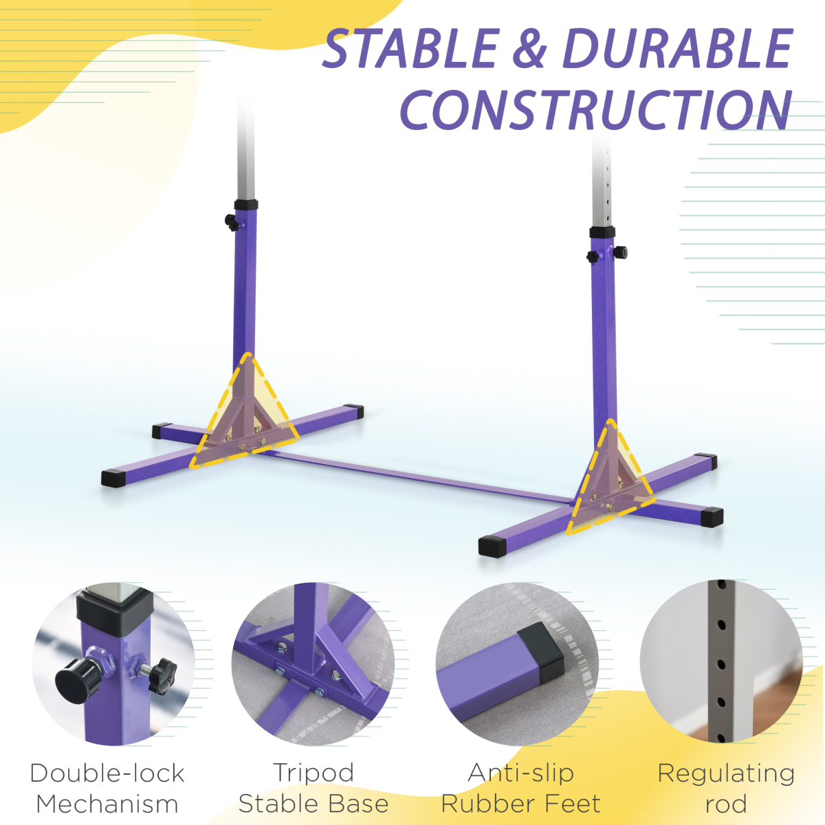 Adjustable Kids Gymnastics Bar – Horizontal Training Bar with Steel Frame & Beech Wood Top, 13 Height Levels (95–145cm), Stable ‘T’ Base – Purple - All Round Fitness