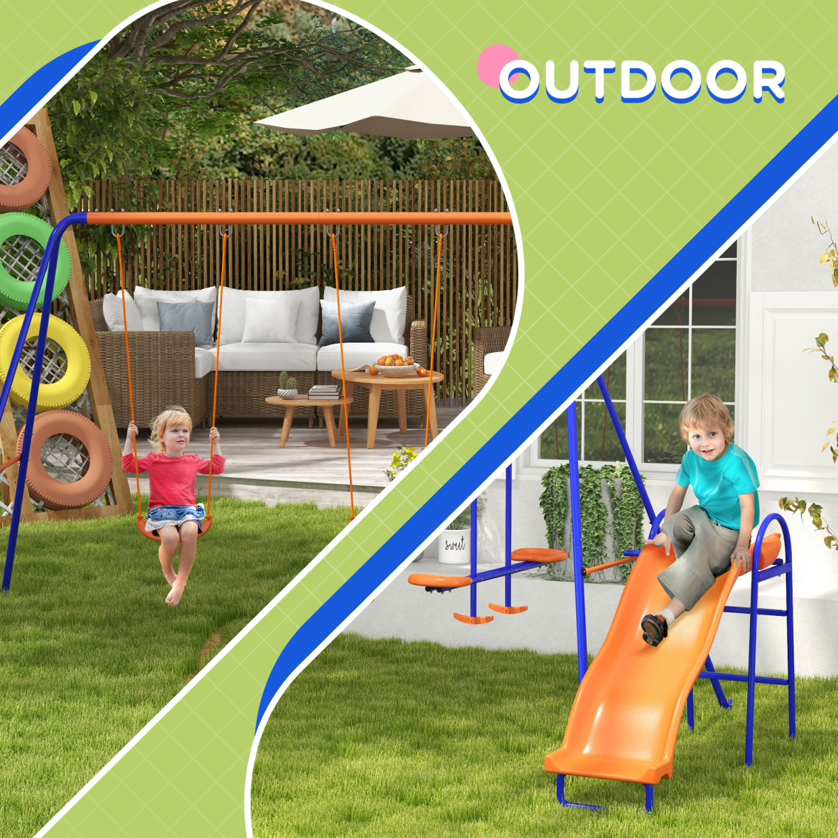 Outsunny 4-in-1 Kids Swing Set with Double Swings, Glider, Slide & Ladder – Outdoor Playground