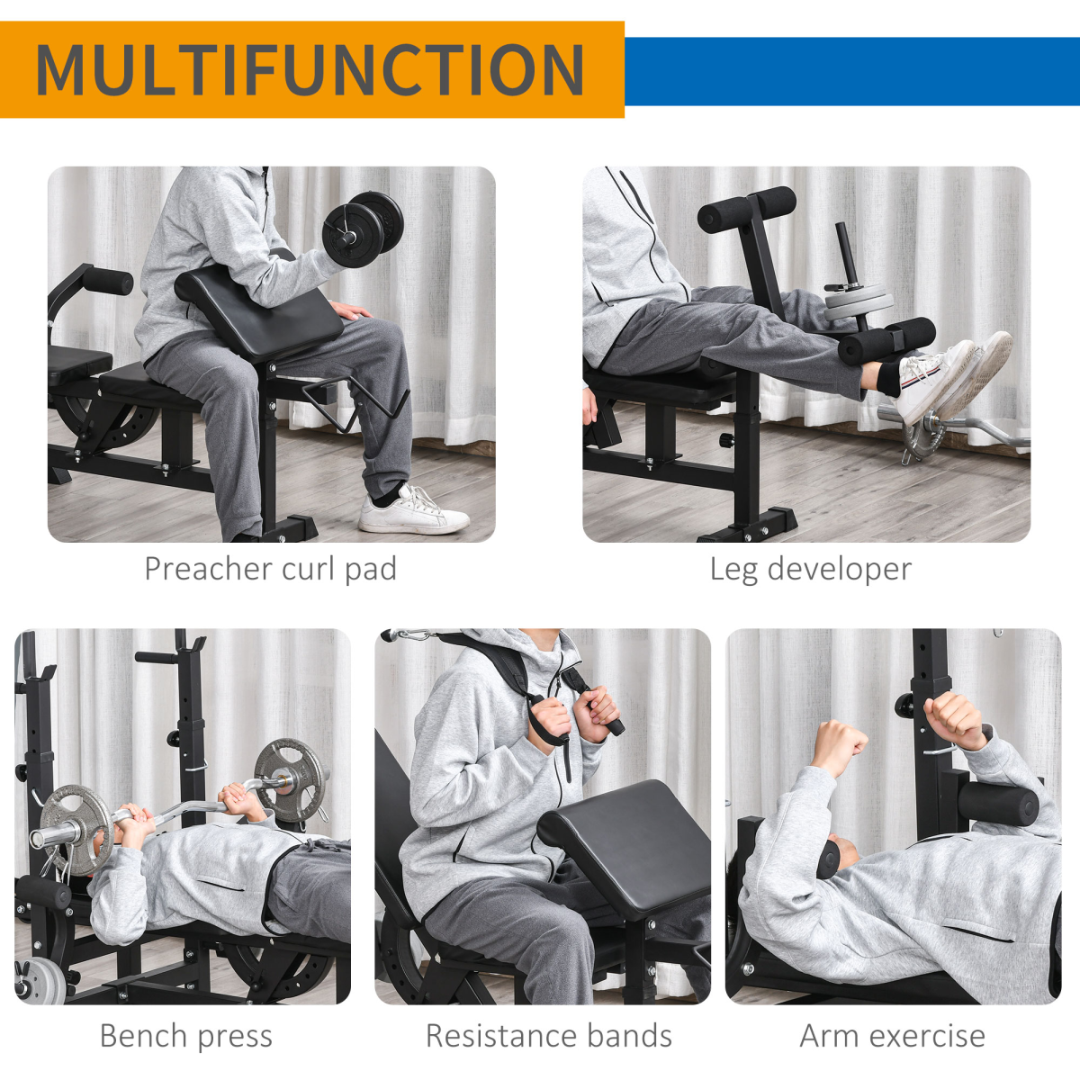 Versatile Full-Body Weight Bench with Leg Extension & Barbell Rack by HOMCOM - All Round Fitness