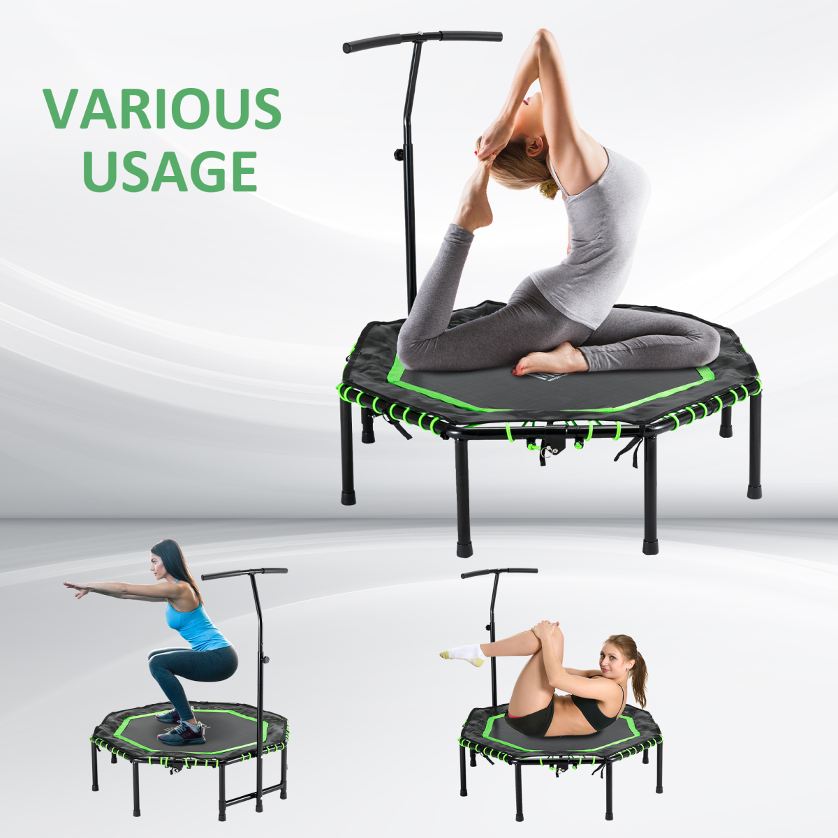 HOMCOM Foldable Trampoline Bouncer Jumper with Adjustable Handle for Adults & Teens – Green