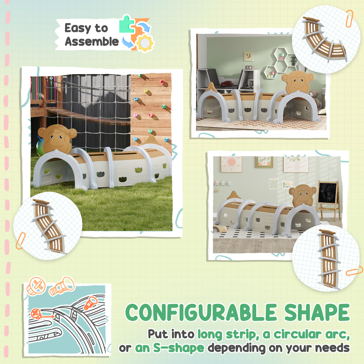 AIYAPLAY Kids Play Tunnel – Monkey Design Crawl & Climb Toy, Indoor/Outdoor, Brown