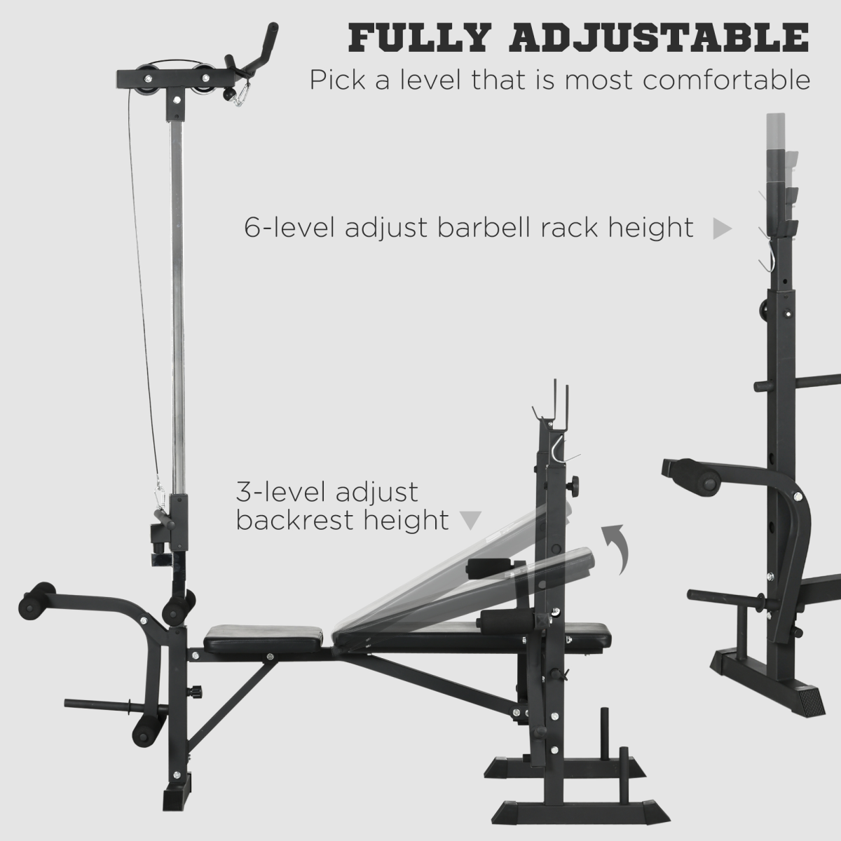 Adjustable Weight Bench with Barbell Rack & Pulley System – Full Body Workout