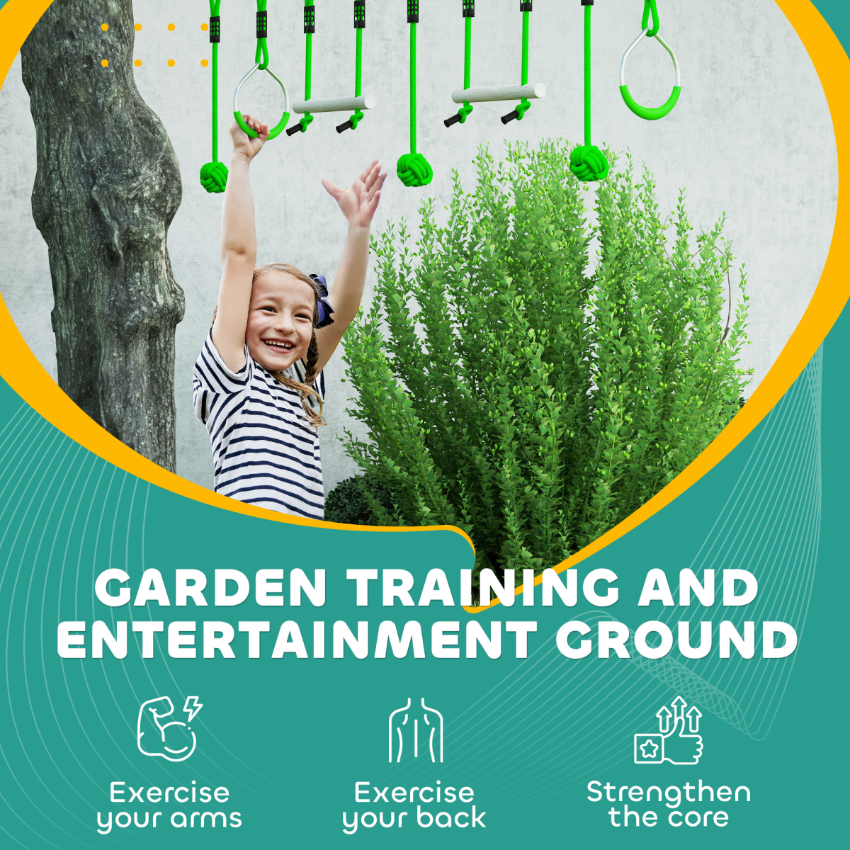 AIYAPLAY Kids Zipline Kit with Rings, Monkey Bars & Grip Balls – Outdoor Adventure Playset, Green