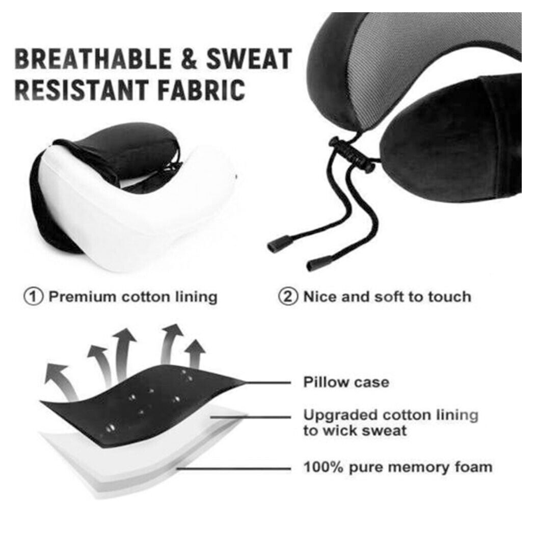 Memory Foam Travel Pillow – Neck Support Cushion with Adjustable Drawstring (Black/Grey)