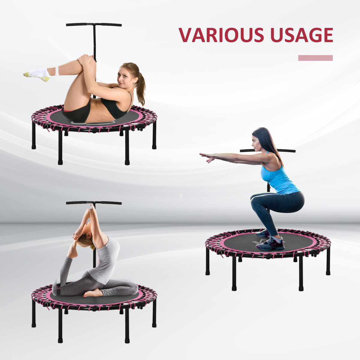 Pink HOMCOM Mini Trampoline for Fitness: Adjustable Handle for All Ages - All Round Fitness