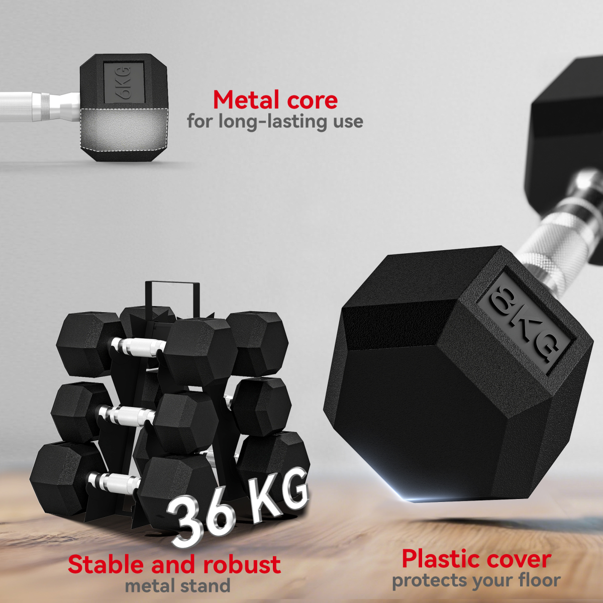 36KG Hex Dumbbell Set with Dumbbell Rack, Rubber Coated Weights