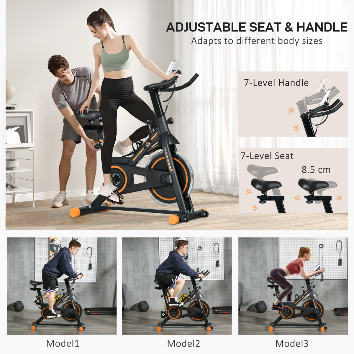 HOMCOM Exercise Bike Indoor Cycling with LCD Display, Heart Rate Sensor – Black/Orange