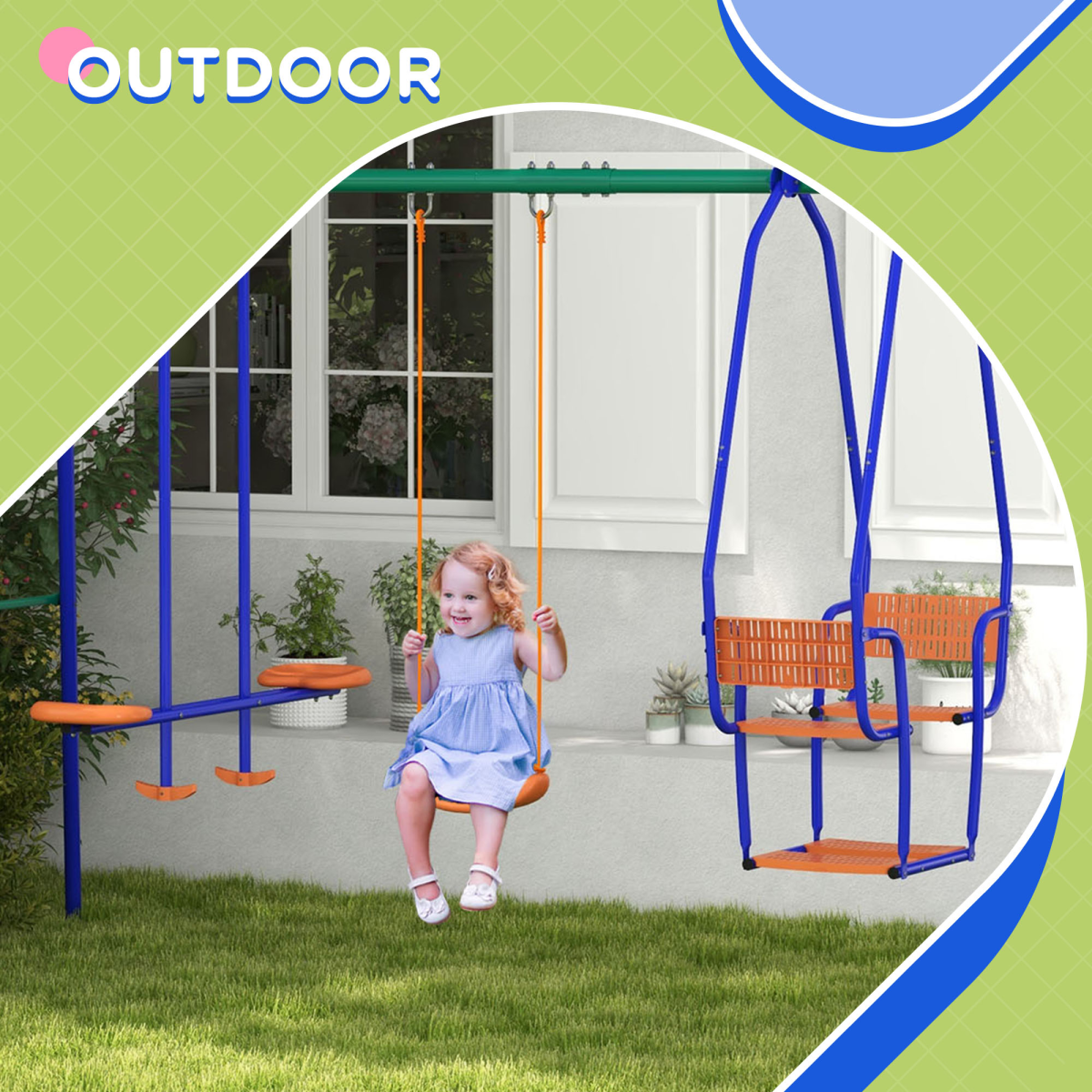 Outsunny 3-in-1 Metal Kids Swing Set with Glider & Rocking Chair – Fits 5 Children, Orange