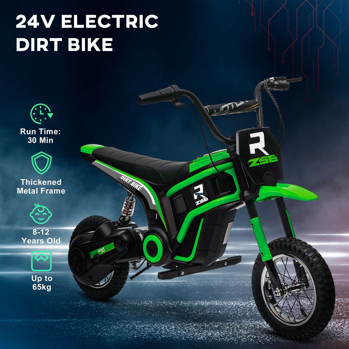 24V Kids Electric Motorbike with Twist Grip Throttle, Lights, Music & Horn – Green