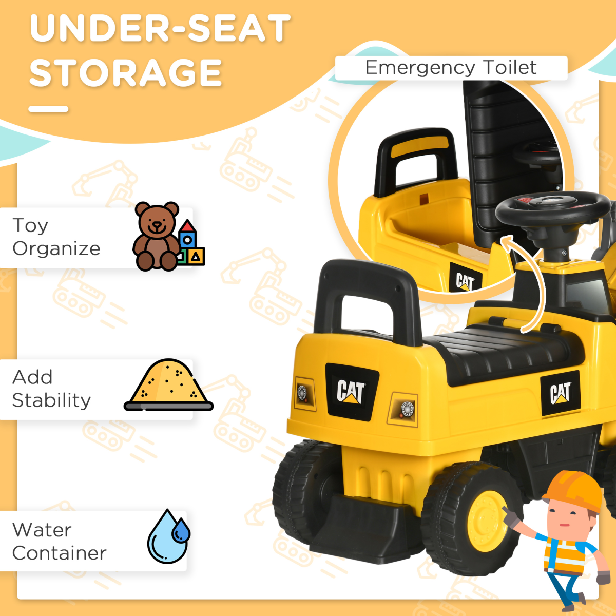 CAT Licensed Kids Construction Ride-On with Manual Shovel – Ages 1-3 Years