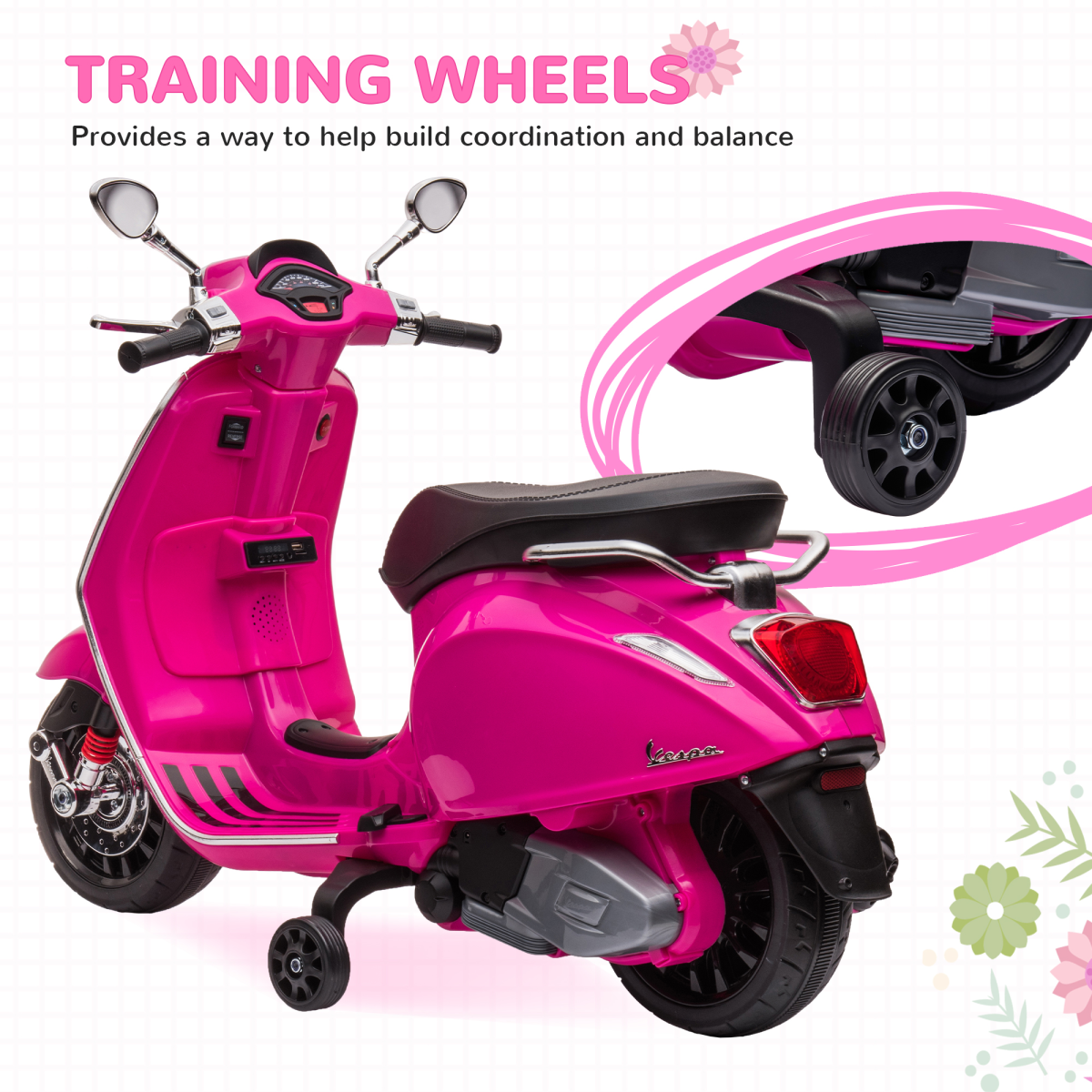 Licensed Vespa 12V Kids Electric Ride-On Motorbike with Training Wheels – Pink