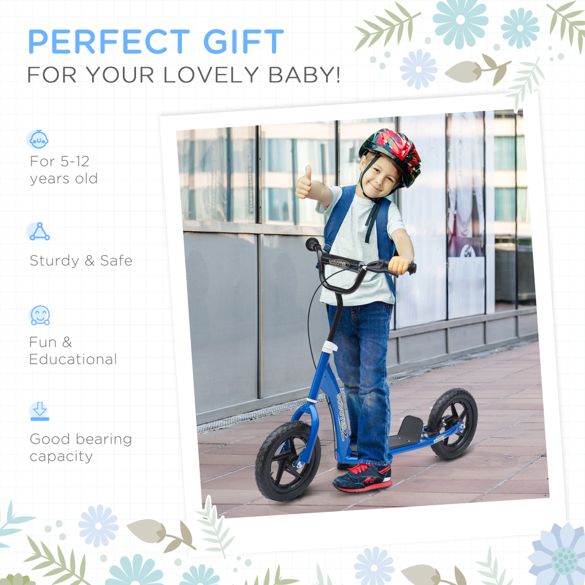Adventure-Ready Kids Push Scooter with 12" EVA Tires - Blue by HOMCOM - All Round Fitness