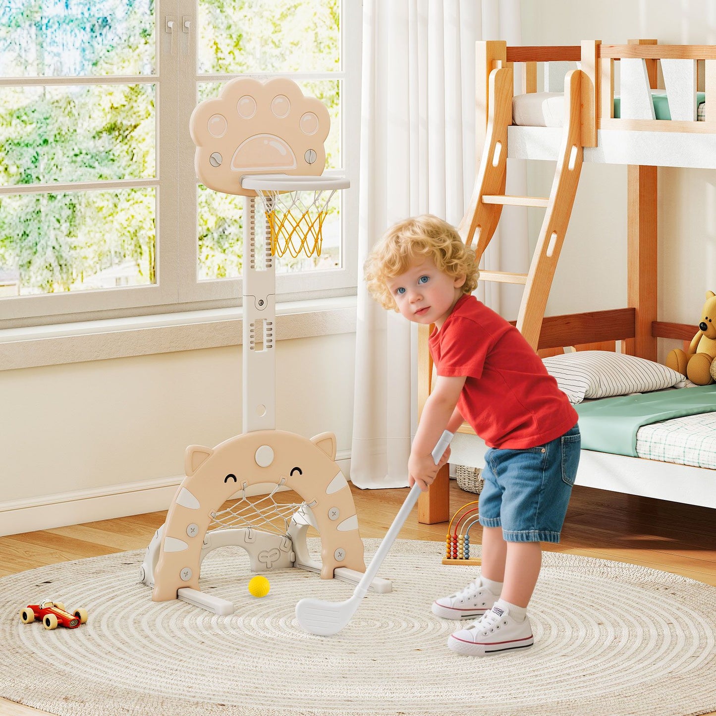 Adjustable 3-in-1 Kids Sports Center with Basketball Hoop and Soccer Game