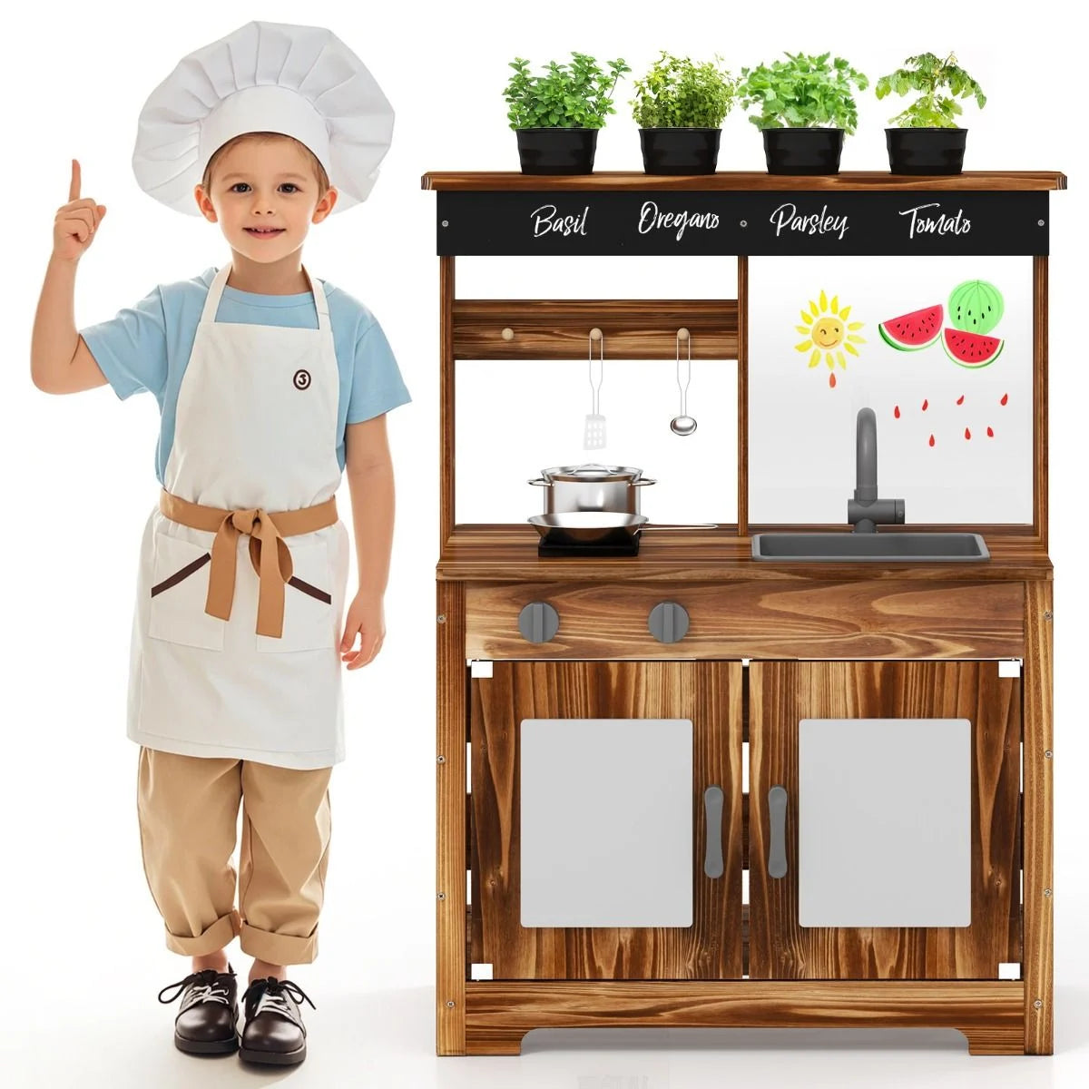 Mud Kitchen Fir Wood Play Kitchen with Planting Pots & Removable Sink