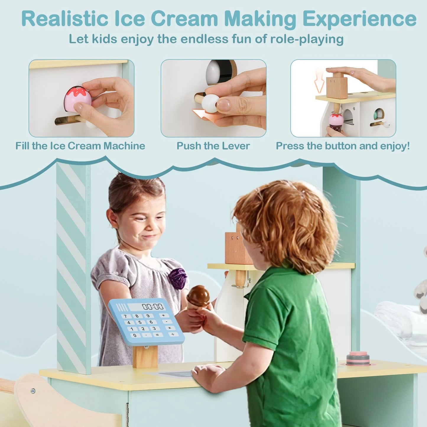 Wooden Kids Ice Cream Cart Pretend Play Set | Toddler Ice Cream Truck with Vending Machine & Accessories | Montessori Role Play Toy Ages 3+