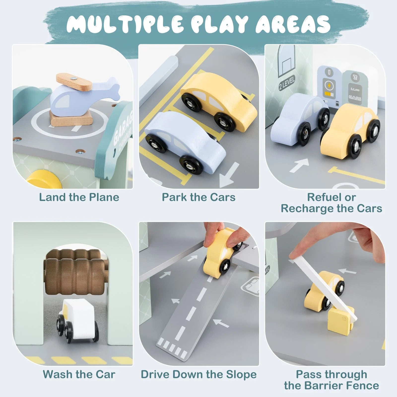 3-Layer Wooden Toy Garage Playset with 4 Cars & Helicopter | Kids Parking Garage with Elevator, Car Wash & Gas Station