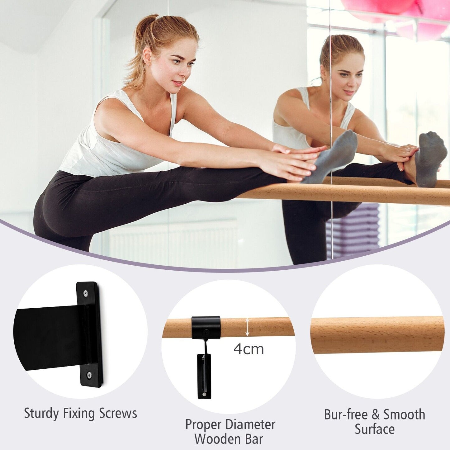 120CM Wall-Mounted Beech Wood Ballet Barre